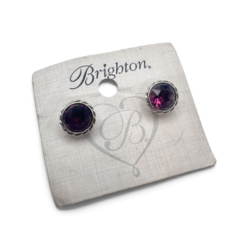 Brighton Iris Amethyst Purple Crystal Silver Plated Stud Post Earrings 1/2"